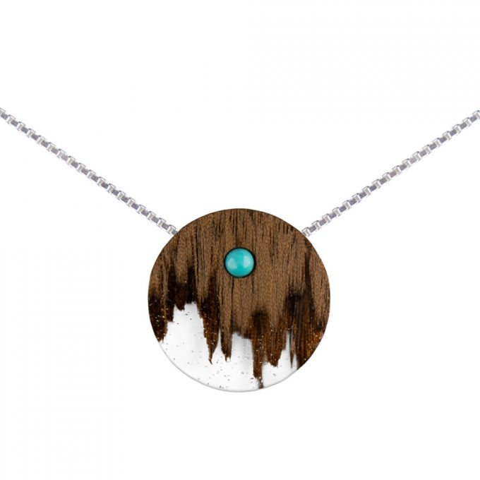 wooden necklace circle, silver cube chain