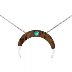wooden necklace moon, silver cube chain