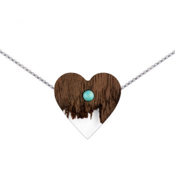 wooden necklace heart, silver cube chain