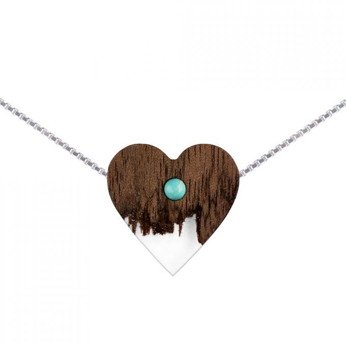 wooden necklace heart, silver cube chain