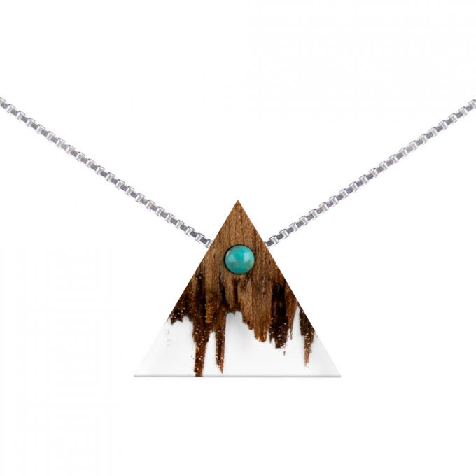 wooden necklace triangle, silver cube chain