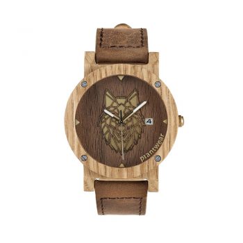 Brown wooden watch with wolf