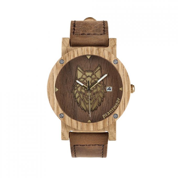 Brown wooden watch with wolf