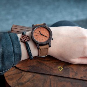wooden watch and handbag